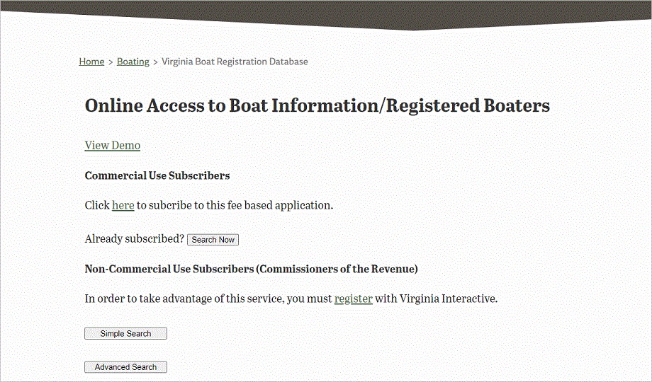 Virginia Boat Registration Help Screen